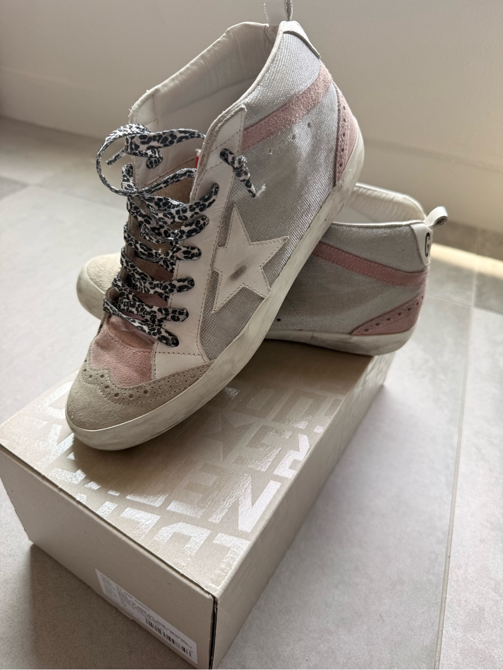 GOLDEN GOOSE MIDSTAR CLASSIC-  Pink Suede, Silver, White, & Cheetah Laces.